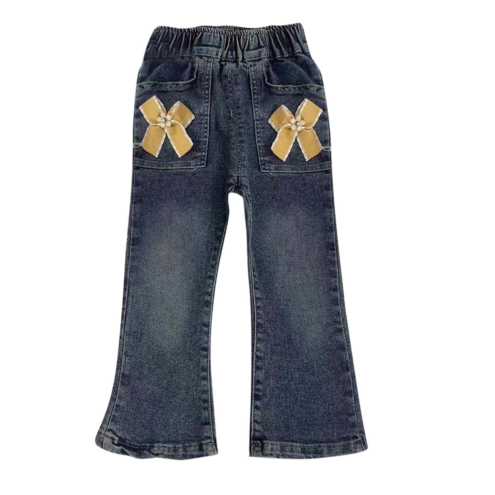 Knit N Knot Girls' Peach Wide Flaring Fit Cotton Denim Jeans with Fringed Hem