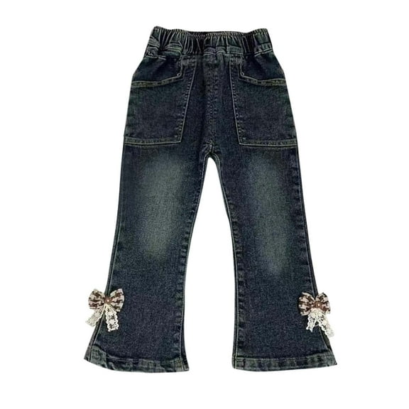 Ahdbta Girls Denim Pants Cute Bowknot Decor Elastic Waist Flare Jeans Trendy High Low Hem Vintage Stretch Jeans with Pockets