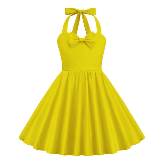 Ahdbta Girls Halter Dress 1950s Retro Sleeveless V-Neck A-Line Dress Solid Color Sweet Bowknot Strappy Evening Gown Cocktail Dress