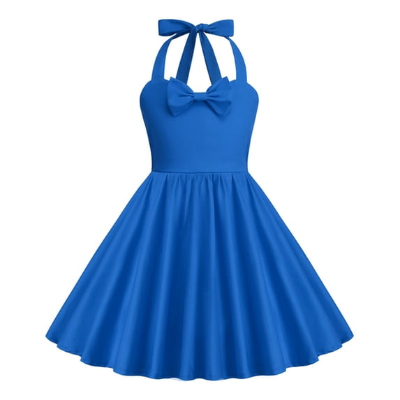 Ahdbta Girls Halter Dress 1950s Retro Sleeveless V-Neck A-Line Dress Solid Color Sweet Bowknot Strappy Evening Gown Cocktail Dress