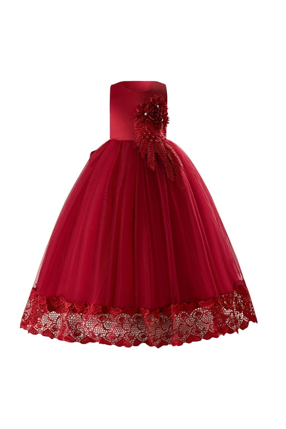 Girls Tulle Dress Sloping Flower Decor Formal Puffy Princess Maxi Dress Sleeveless Pageant Wedding Birthday Party Dresses