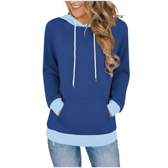 Ahdbta Hoodies for Women Lightweight Long Sleeve Pullover Sweatshirt Loose Fit Color Block Tunic Tops with Pockets