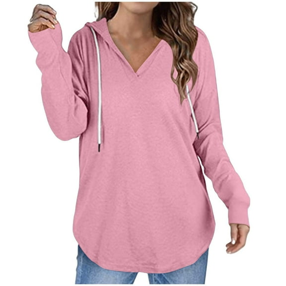Ahdbta Hoodies for Women Lightweight Pullover Oversized Hooded Sweatshirts V-Neck Long SLeeve Shirts Loose Fit Fashion Tops