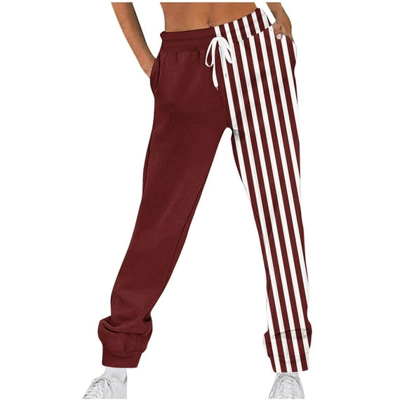 Ahdbta Joggers Sweatpants for Women Lounge Drawstring Elastic Waist Pants Trendy Stripe Color Block Straight Trousers with Pockets