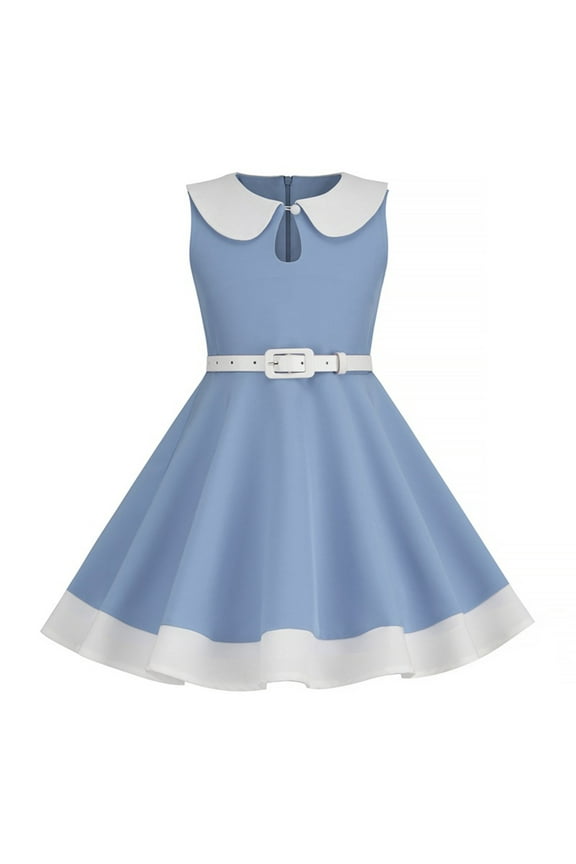 Kids Girls Hepburn Dress 50s Audrey Vintage Polka Dot A-Line Swing Dress Sleeveless Cutout Lapel Party Rockabilly Dress