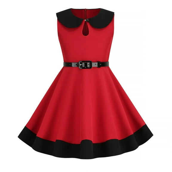 Ahdbta Kids Girls Hepburn Dress 50s Audrey Vintage Polka Dot A-Line Swing Dress Sleeveless Cutout Lapel Party Rockabilly Dress