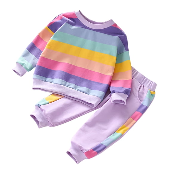 Ahdbta Kids Girls Two Pieces Tracksuit Sets Crewneck Rainbow Stripes Pullover Tops Joggers Pants with Pockets Toddlers Outfits