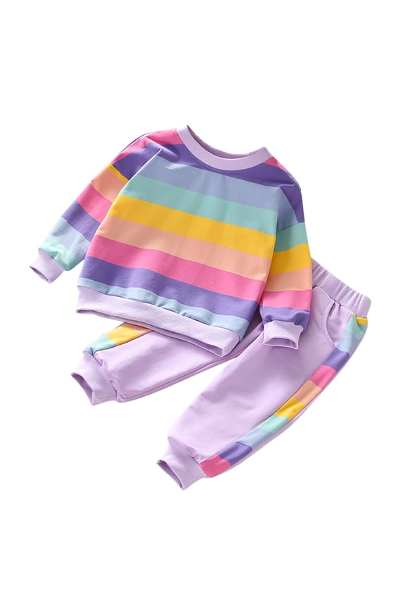 Kids Girls Two Pieces Tracksuit Sets Crewneck Rainbow Stripes Pullover Tops Joggers Pants with Pockets Toddlers Outfits