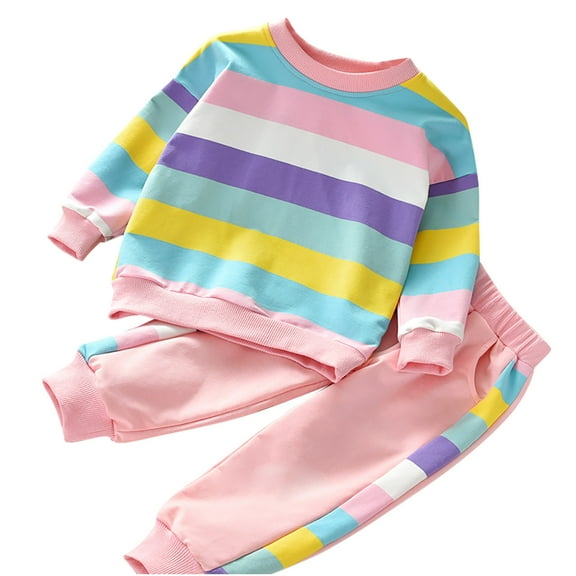 Ahdbta Kids Girls Two Pieces Tracksuit Sets Crewneck Rainbow Stripes Pullover Tops Joggers Pants with Pockets Toddlers Outfits