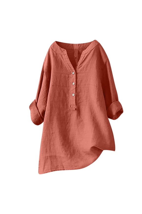 Linen Shirts for Women Plus Size 3/4 Length Sleeve Tops Casual Loose Fit Round Neck Tees Summer Fashion Blouse