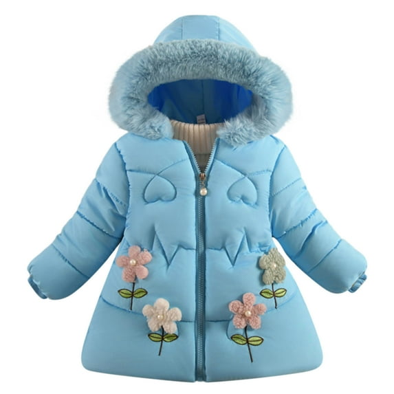 Ahdbta Little Girls Puffer Jackets Button Zipper Windproof Warm Outerwears Plush Hooded Coats with Pockets for Kids 5-9 Years