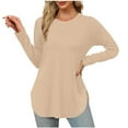 thumbnail image 1 of Ahdbta Long Sleeve Shirts for Women Solid Color Thin Loose Fitted Base Tshirts Trendy Side Split Curved Hem Crewneck Tops, 1 of 5