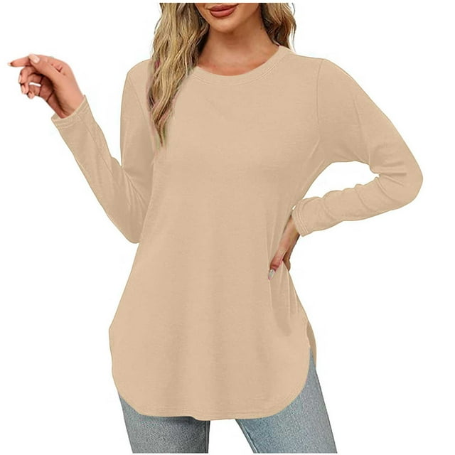 Ahdbta Long Sleeve Shirts for Women Solid Color Thin Loose Fitted Base Tshirts Trendy Side Split Curved Hem Crewneck Tops