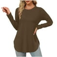 thumbnail image 1 of Ahdbta Long Sleeve Shirts for Women Solid Color Thin Loose Fitted Base Tshirts Trendy Side Split Curved Hem Crewneck Tops, 1 of 4