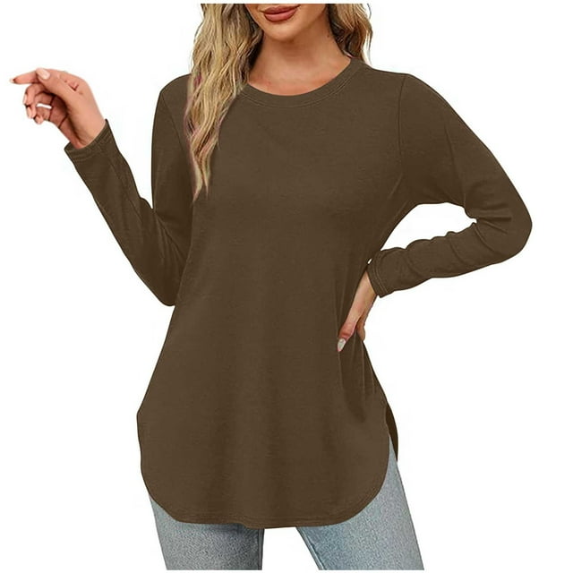 Ahdbta Long Sleeve Shirts for Women Solid Color Thin Loose Fitted Base Tshirts Trendy Side Split Curved Hem Crewneck Tops