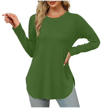 Ahdbta Long Sleeve Shirts for Women Solid Color Thin Loose Fitted Base Tshirts Trendy Side Split Curved Hem Crewneck Tops