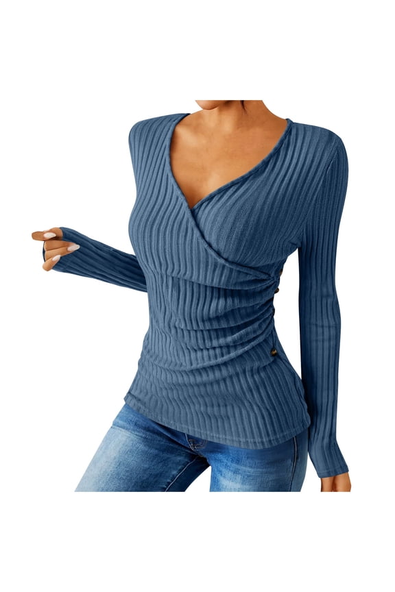 Long Sleeve Shirts for Women V Neck Ribbed Knit Slim Fit Wrap Sweater Side Buttons Decor Fall Casual Fashion Pullover Tops