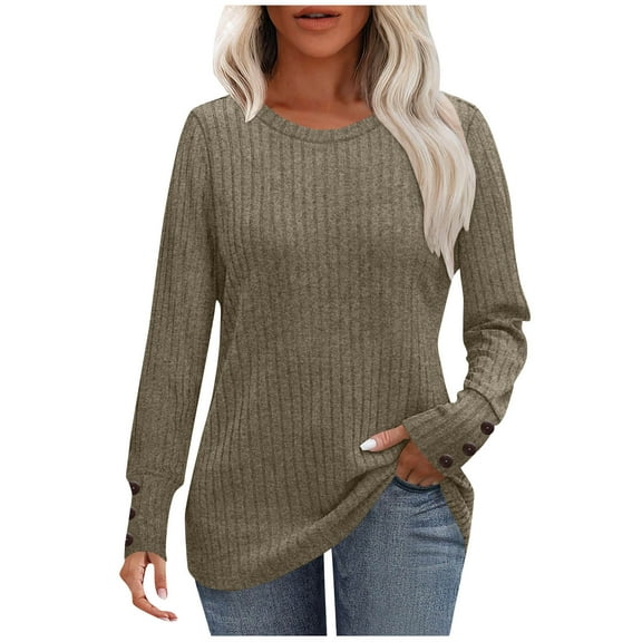 Ahdbta Long Sleeve Shirts for Women with Bottons Cuffs Casual Fall Ribbed Crewneck Pullover Tops Lightweight Tunic Sweaters