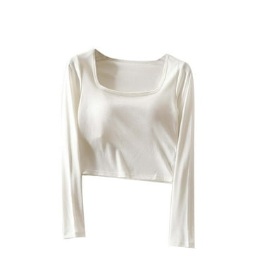 Ahdbta Long Sleeve Tshirts for Women Solid Color Elegant Square Neck Comfy Base Tops Slim Fitted Crop Tops with Built in Bra