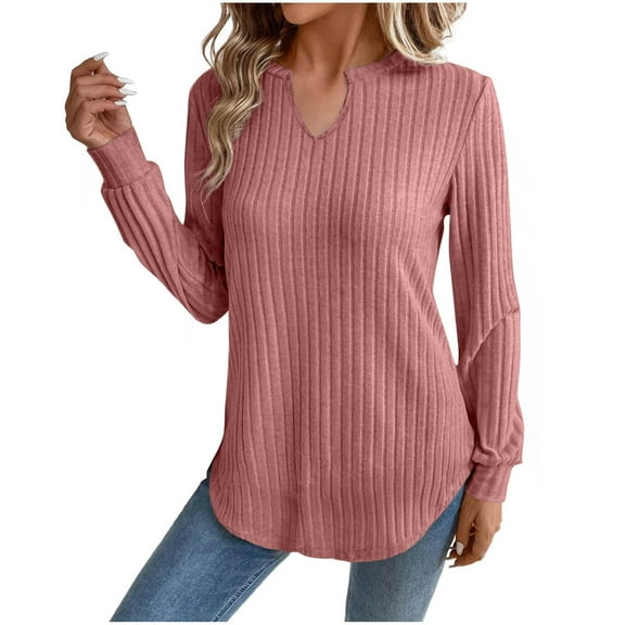 Ahdbta Long Sleeve V Neck Shirts for Women Fall Tops Lightweight Curved Hem Sweaters Dressy Casual Ribbed Knit Pullover Top