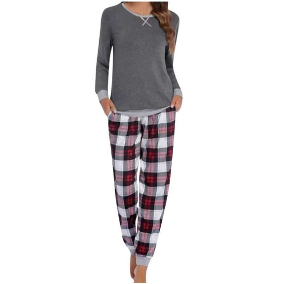 Ahdbta Loungewear Sets for Women Round Neck Long Sleeve Tee Shirts and Plaid Joggers Pants wth Pockets Two Pieces Casual Outfits