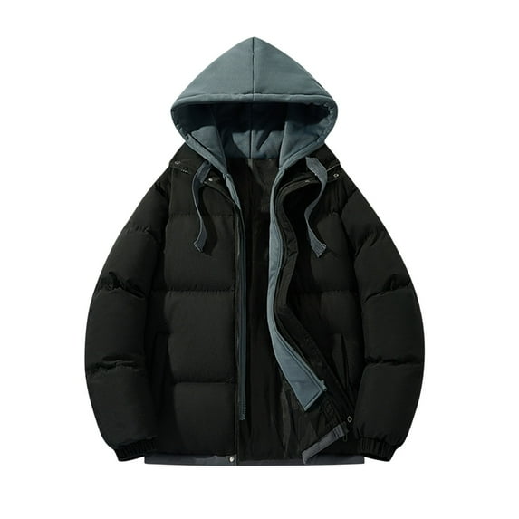 Ahdbta Men's Hooded Jackets Trendy Fake Two Piece Padded Puffer Parka Jackets Color Block Long Sleeve Coats with Pockets