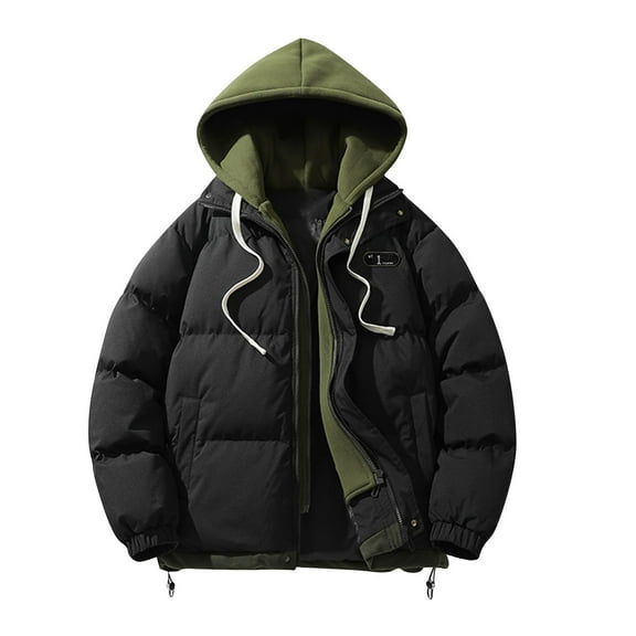 Ahdbta Men's Hooded Jackets Trendy Fake Two Piece Padded Puffer Parka Jackets Color Block Long Sleeve Coats with Pockets