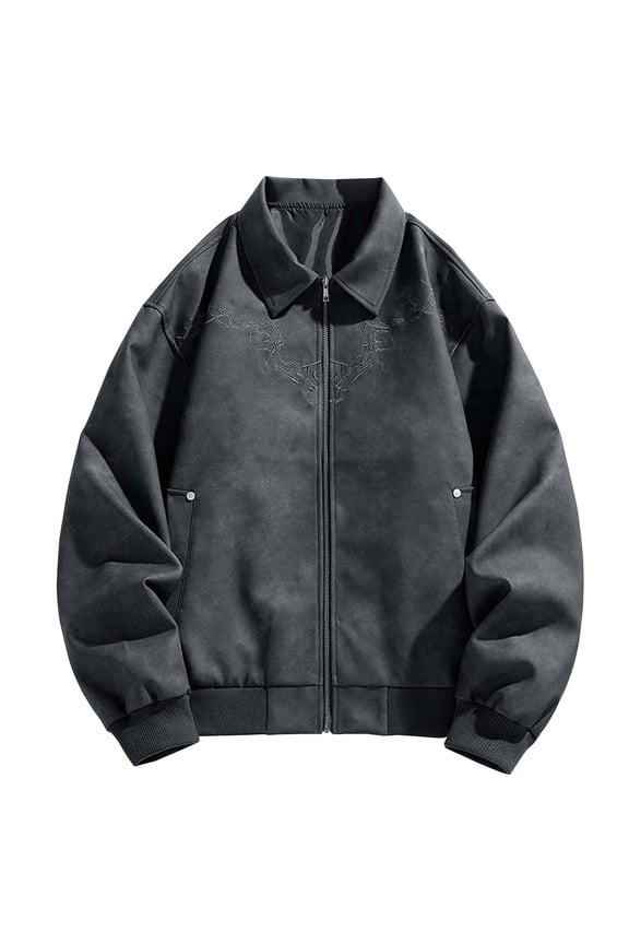 Men's Leather Jackets Full Zipper Long Sleeve Bomber Jackets Turn Down Collar Embroidery Trucker Outwears with Pockets