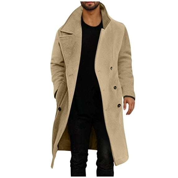 Ahdbta Men's Peacoats Fall Winter Long Sleeve Notch Lapel Outwears Double Breasted Solid Color Warm Coats with Pockets
