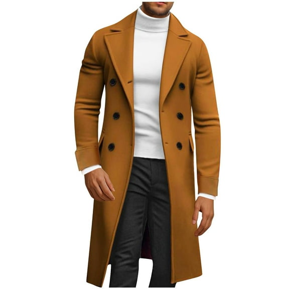 Ahdbta Mens Winter Overcoats Double Breasted Notch Lapel Outerwears Solid Color Slim Fitted Long Sleeve Overcoats with Pockets