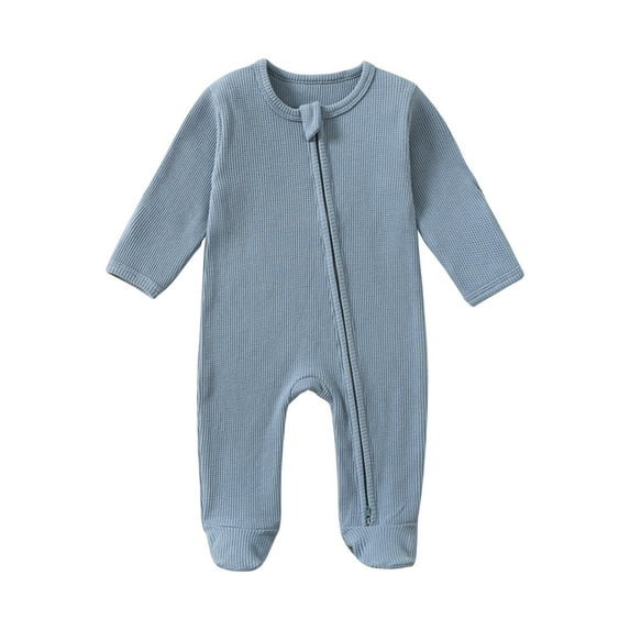 Ahdbta Newborn Baby Pajamas Rompers Long Sleeve Solid Color Footed Jumpsuits Zip Up Breathable Waffle Sleepwear Bodysuits