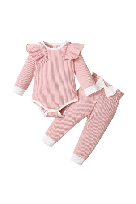 Newborn Babys Knitted Outfits Ruffle Long Sleeve Henley Crewneck Romper Tops Elastic Waist Pants with Headband Cute Sets