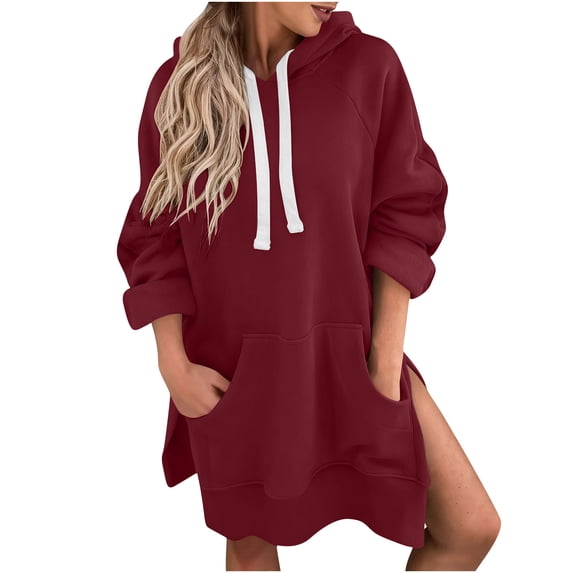Ahdbta Oversized Sweatshirt Dresses for Women Fall Winter Hooded Pullover Casual Long Sleeve Split Hem Hoodie Dress with Pocket