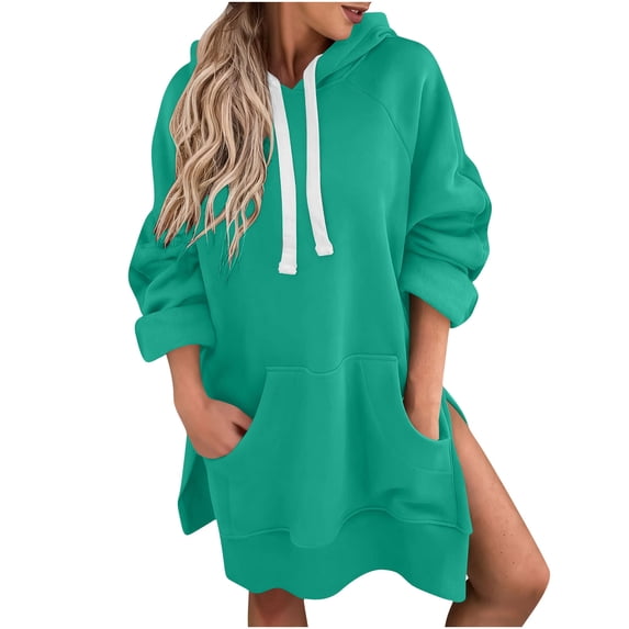 Ahdbta Oversized Sweatshirt Dresses for Women Fall Winter Hooded Pullover Casual Long Sleeve Split Hem Hoodie Dress with Pocket
