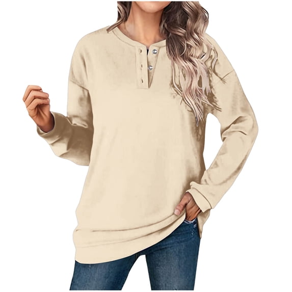 Ahdbta Oversized Sweatshirts for Women Long Sleeve Button Henley Crewneck Pullover Tops Loose Fitted Solid Color Casual Tops