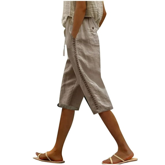 Ahdbta Plus Size Cotton Linen Shorts for Women Elastic Waist Drawstring Shorts Lace Hollow Out Summer Beach Bermuda Shorts