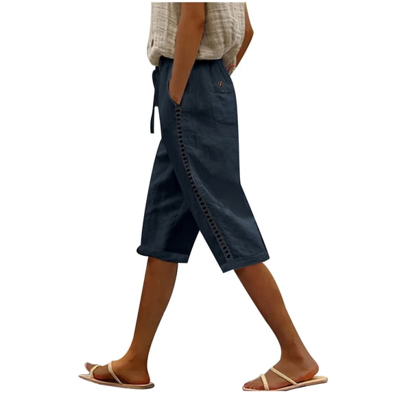 Ahdbta Plus Size Cotton Linen Shorts for Women Elastic Waist Drawstring Shorts Lace Hollow Out Summer Beach Bermuda Shorts