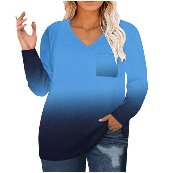 Ahdbta Plus Size T-Shirts for Women Casual Long Sleeve Sexy V-Neck Tshirts Trendy Gradient Workout Tops with Chest Pocket