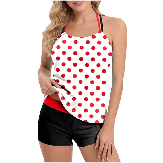 Ahdbta Polka Dot Tankini Swimsuits for Women Two Piece Bathing Suits Halter Criss Cross Back Adjustable Straps Tank Top with Boyshorts Swimwear
