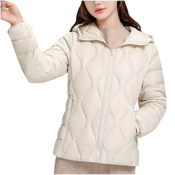 Ahdbta Puffer Coats for Women Solid Color Lightweight Cropped Hooded Jackets Zip Up Warm Quilted Outerwears with Pockets