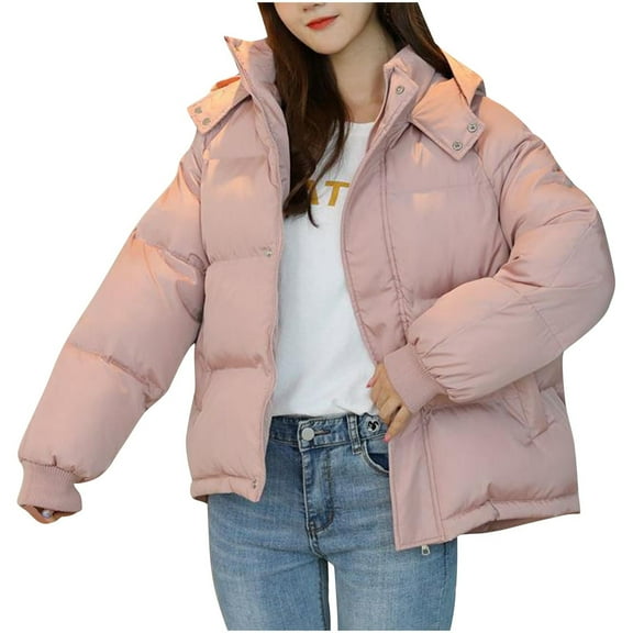 Ahdbta Puffer Jackets for Women Button Zipper Quilted Cropped Coats with Pockets Solid Color Winter Outdoor Hooded Outerwears