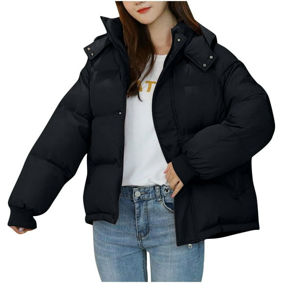 Ahdbta Puffer Jackets for Women Button Zipper Quilted Cropped Coats with Pockets Solid Color Winter Outdoor Hooded Outerwears