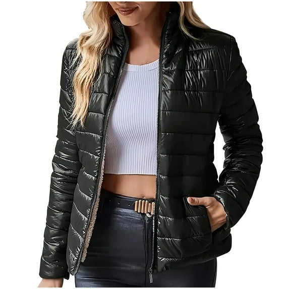 Ahdbta Puffer Jackets for Women Zip Up Long Sleeve Fleece Lined Quilted Coats Slim Fit Stand Collar Thicken Outwears with Pockets