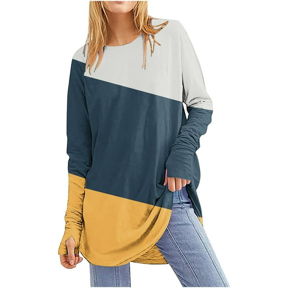 Ahdbta Pullover Tops for Women Fashion Printed Long Sleeve Casual Sweatshirts Lightweight Crewneck Tee Shirts with Thumb Holes