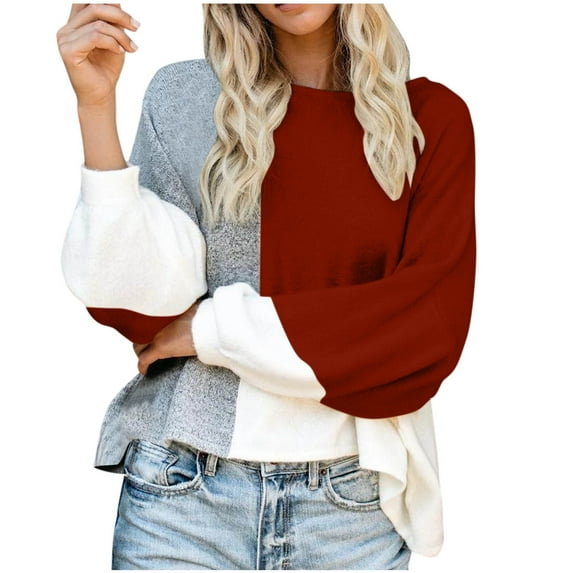 Ahdbta Pullovers Sweaters for Women Round Neck Lantern Long Sleeve Cable Knit Tops Color Block Fall Winter Comfy Sweaters