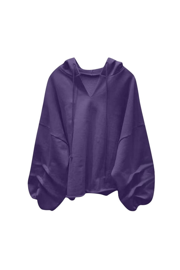 Slouchy Oversized Hoodie for Women Drop Shoulder Lantern Long Sleeve Baggy Sweatshirts Drawstring V-Neck Pullover Tops