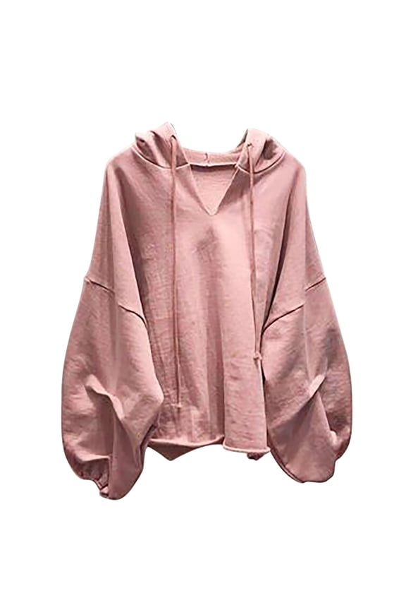 Slouchy Oversized Hoodie for Women Drop Shoulder Lantern Long Sleeve Baggy Sweatshirts Drawstring V-Neck Pullover Tops