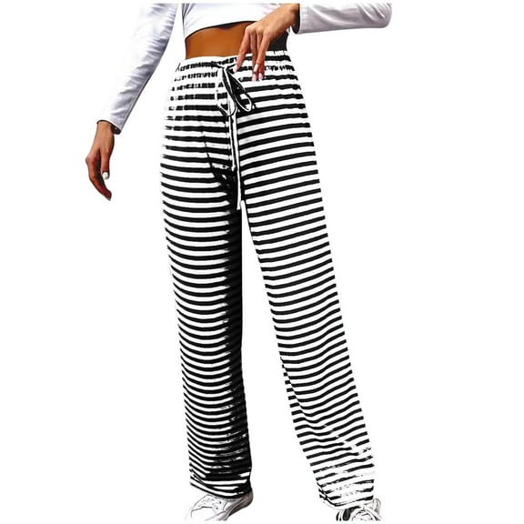 Ahdbta Straight Leg Pants for Woman Lounge Comfy Drawstring Elastic Waist Trousers Trendy Stripe Baggy Pajama Pants