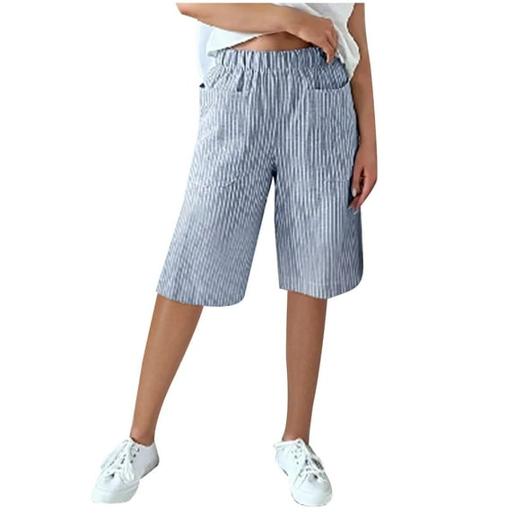 Ahdbta Striped Bermuda Shorts for Women Wide Leg Cotton Linen Shorts Trendy Beach Pull On Elastic High Waist Casual Loose Shorts