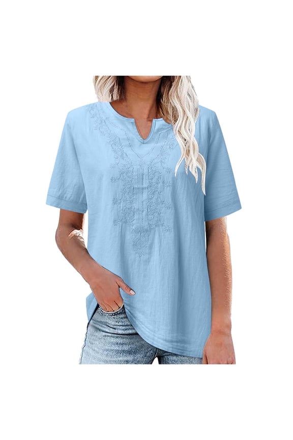 Women's Embroidered Blouse Cotton Linen Short Sleeve Peasant Boho Tunic Tops Casual Notch V Neck Loose Fit T-Shirt